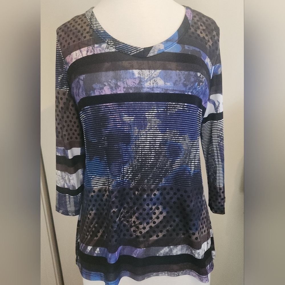 T19 Cubism Shirt Women's Medium blue & purple Abstract Print 3/4 Sleeve Stretch